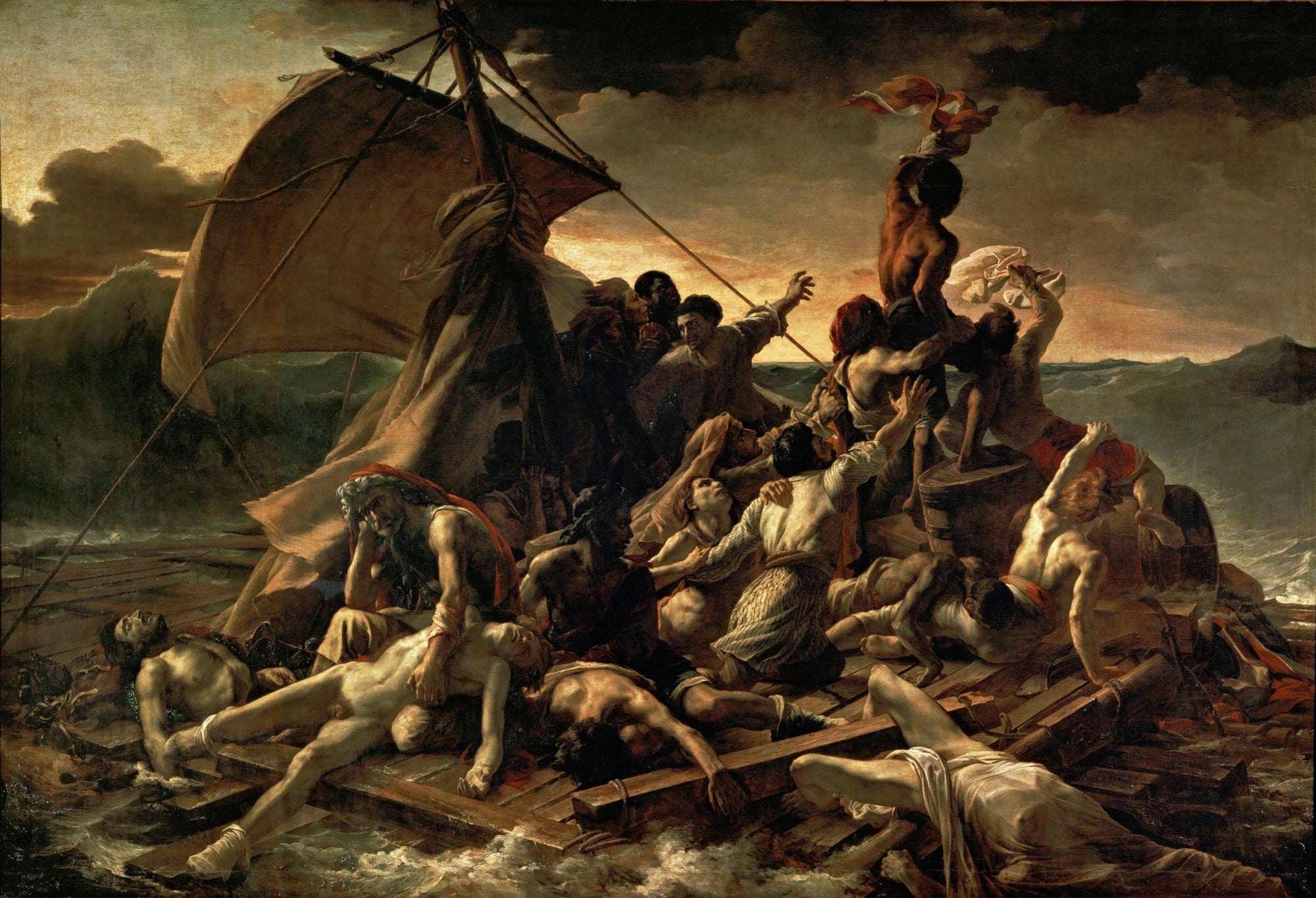Pintura a óleo 'A Balsa da Medusa' de Théodore Géricault, retratando sobreviventes de um naufrágio em uma balsa improvisada no mar revolto, com corpos em agonia e esperança de resgate ao longe.