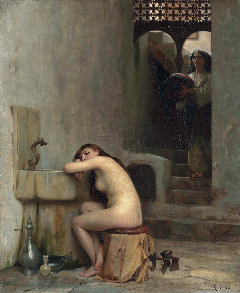 Pintura a óleo de Theodoros Rall, 'A Jovem Adormecida', retratando uma mulher nua sentada em um banco de frente para uma fonte, com outra figura em segundo plano. Detalhes de arquitetura oriental.
