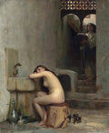 Pintura a óleo de Theodoros Rall, 'A Jovem Adormecida', retratando uma mulher nua sentada em um banco de frente para uma fonte, com outra figura em segundo plano. Detalhes de arquitetura oriental.
