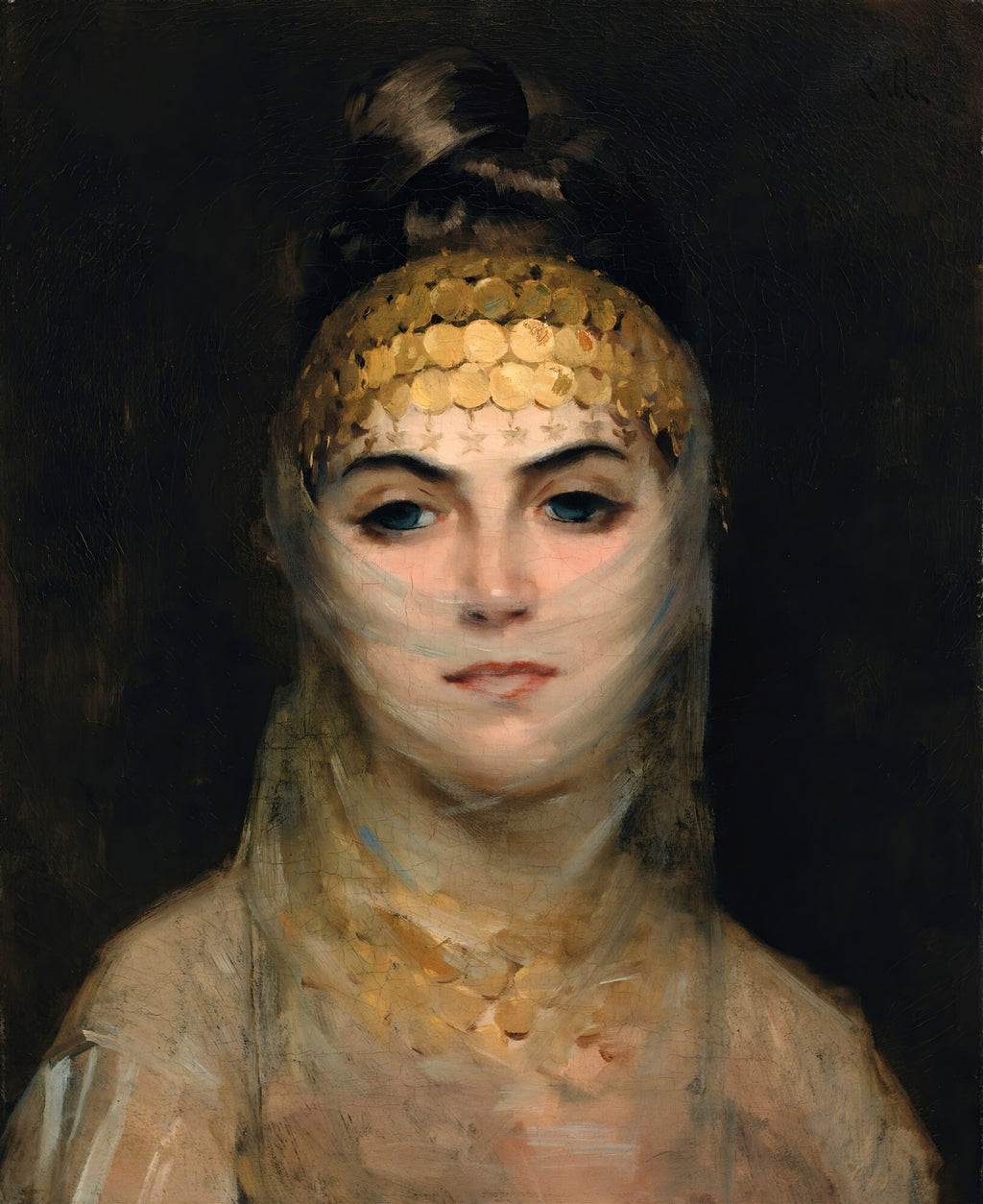 Retrato de uma jovem grega com toucado dourado e véu translúcido, olhos azuis intensos, sobre fundo escuro, obra de Theodoros Rall.
