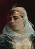 Retrato de uma mulher oriental com véu translúcido e adereço dourado na cabeça, sobre fundo vermelho escuro. Obra de Theodoros Ralli.