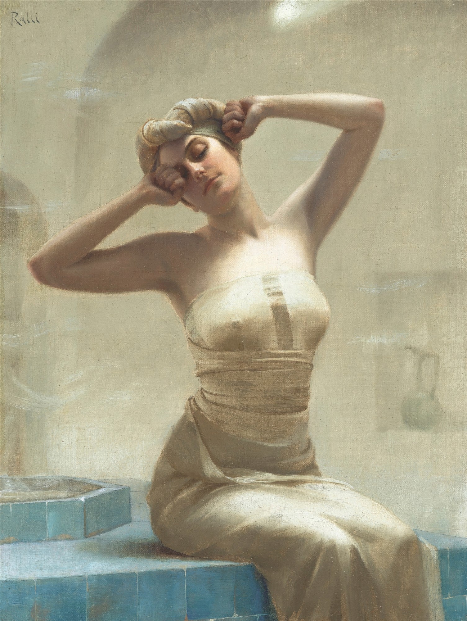 Uma pintura de Theodoros Ralli, 'A Mulher no Banho Turco', retratando uma mulher sentada em um banho turco, com os braços esticados e um turbante na cabeça, em tons neutros com detalhes em azul.