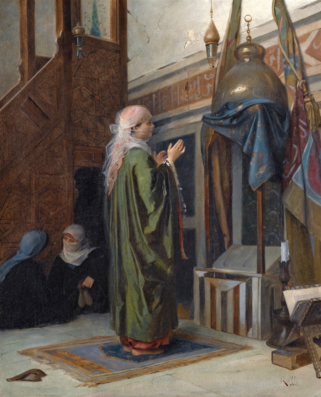Mulher em trajes árabes antigos orando em um ambiente de mesquita, obra de Theodoros Ralli.