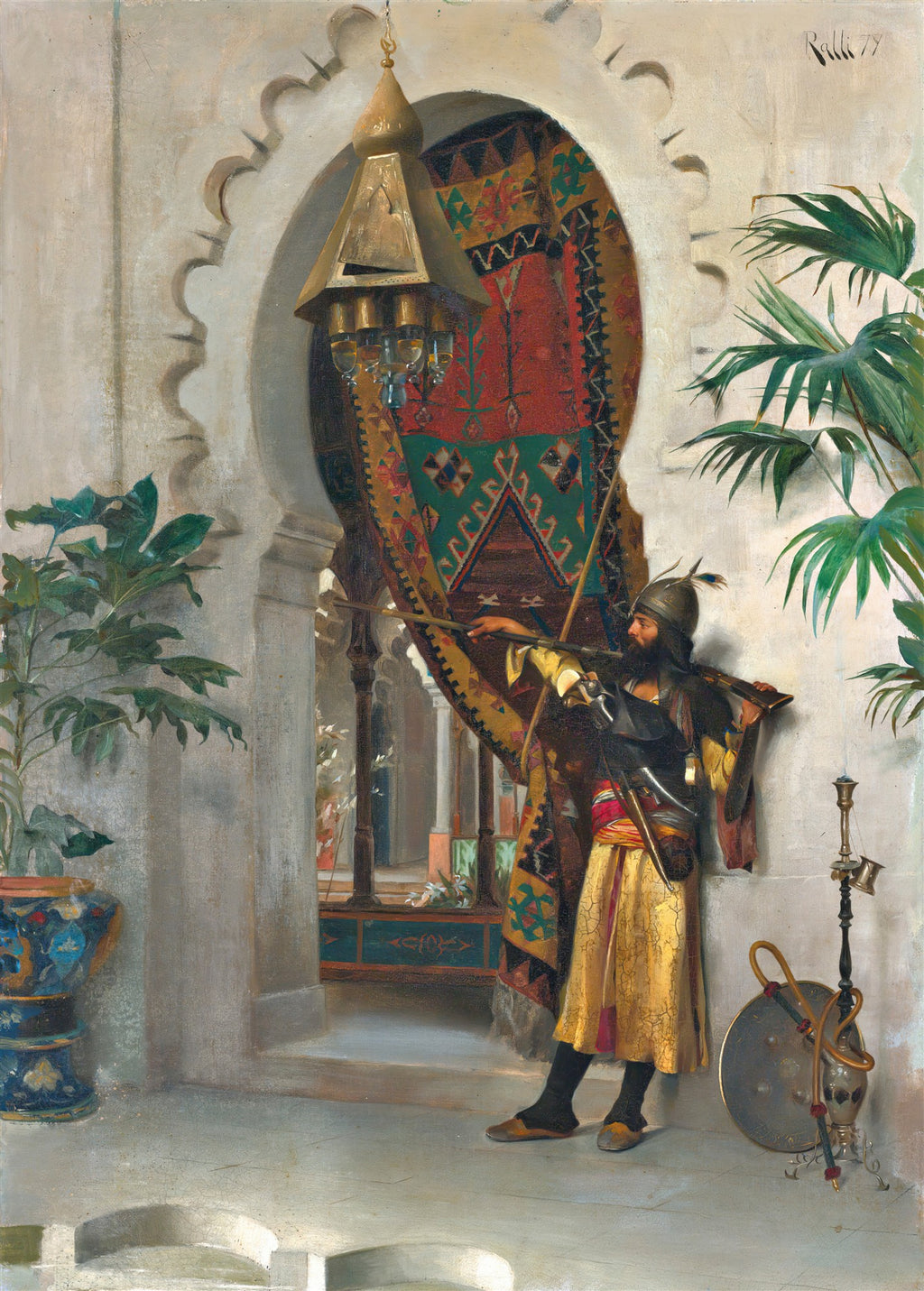 Quadro decorativo com pintura orientalista de um sentinela em um arco mourisco, segurando uma arma longa, com tapetes e plantas ao redor. Assinado por Rall 79.