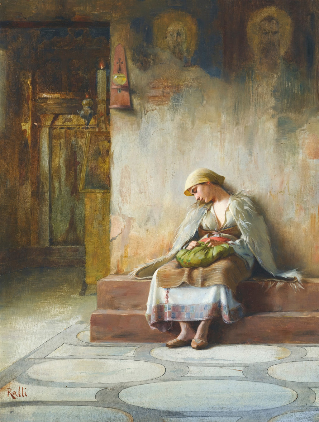 Pintura de Theodoros Ralli, uma mulher de touca amarela e manto branco sentada em um banco de pedra dentro de uma igreja, com ícones religiosos ao fundo. O chão tem um padrão geométrico circular.