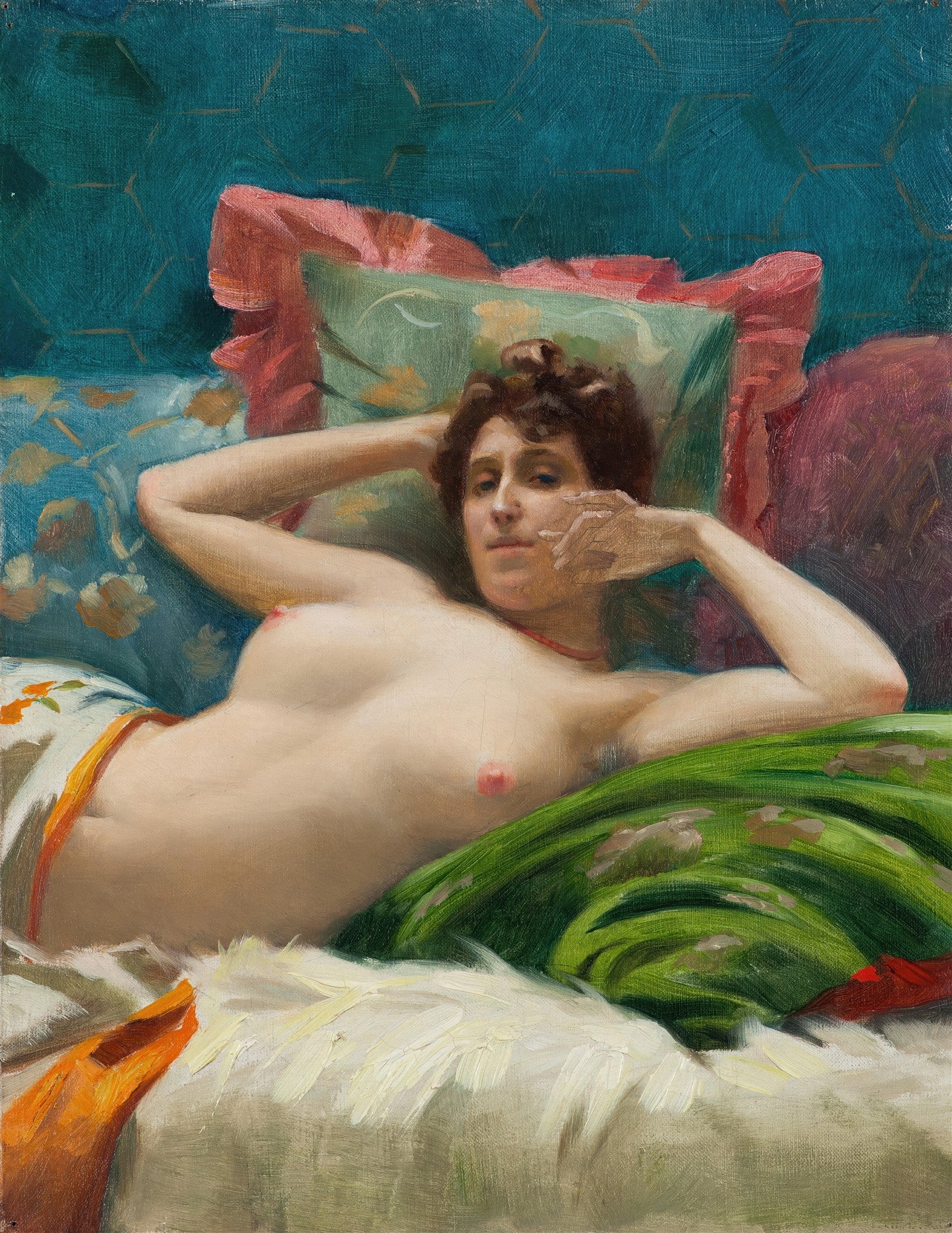 Pintura a óleo de Theodoros Rall, A Odalisca, retratando uma mulher nua reclinada sobre almofadas coloridas, com fundo azul-turquesa e coberta por tecidos verdes e brancos.