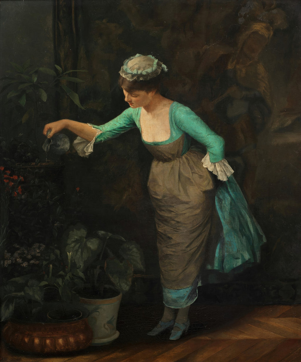Mulher vestida com roupa de época, regando plantas em um ambiente escuro, em pintura de Theodoros Rall. Predominam tons de verde, azul e marrom.