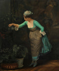 Mulher vestida com roupa de época, regando plantas em um ambiente escuro, em pintura de Theodoros Rall. Predominam tons de verde, azul e marrom.