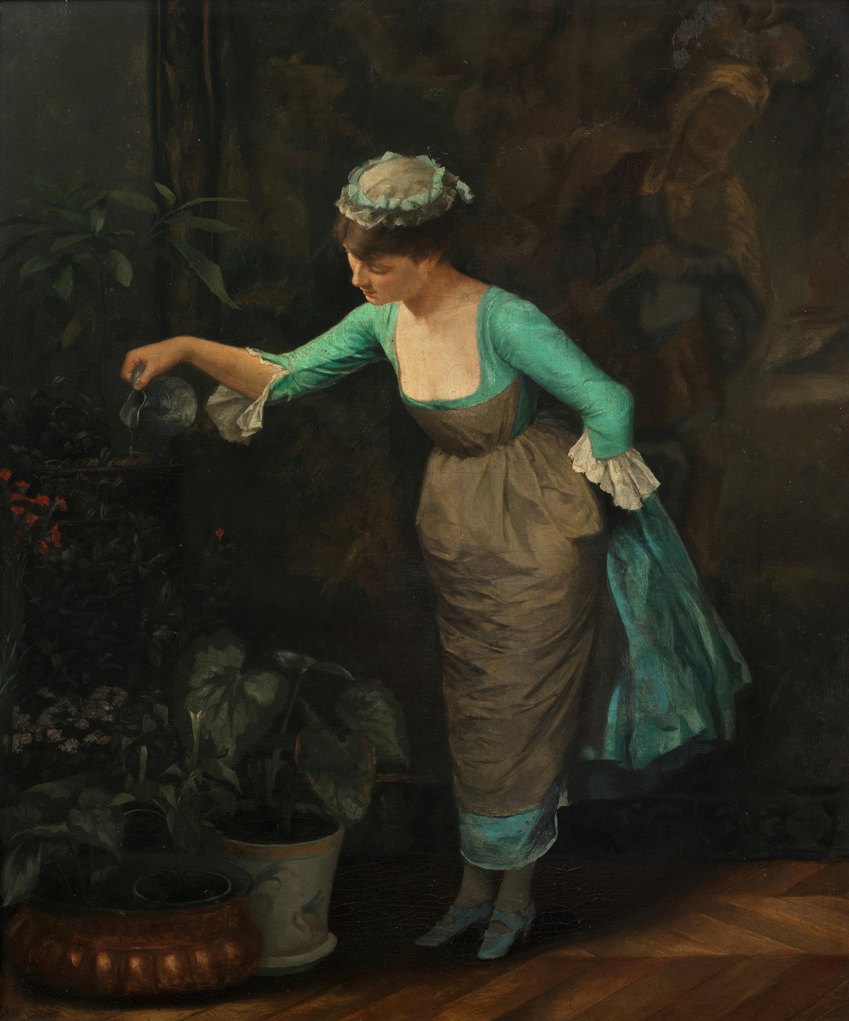 Mulher vestida com roupa de época, regando plantas em um ambiente escuro, em pintura de Theodoros Rall. Predominam tons de verde, azul e marrom.
