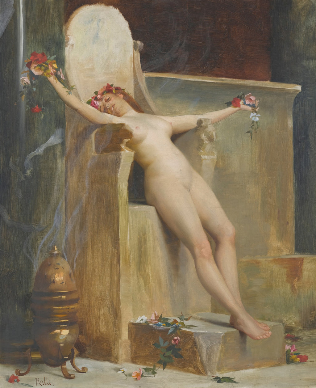 Pintura a óleo de Theodoros Ralli, “A Oferenda”, mostrando uma figura feminina nua reclinada em êxtase, com flores e um incensário exalando fumaça, em um ambiente orientalista.