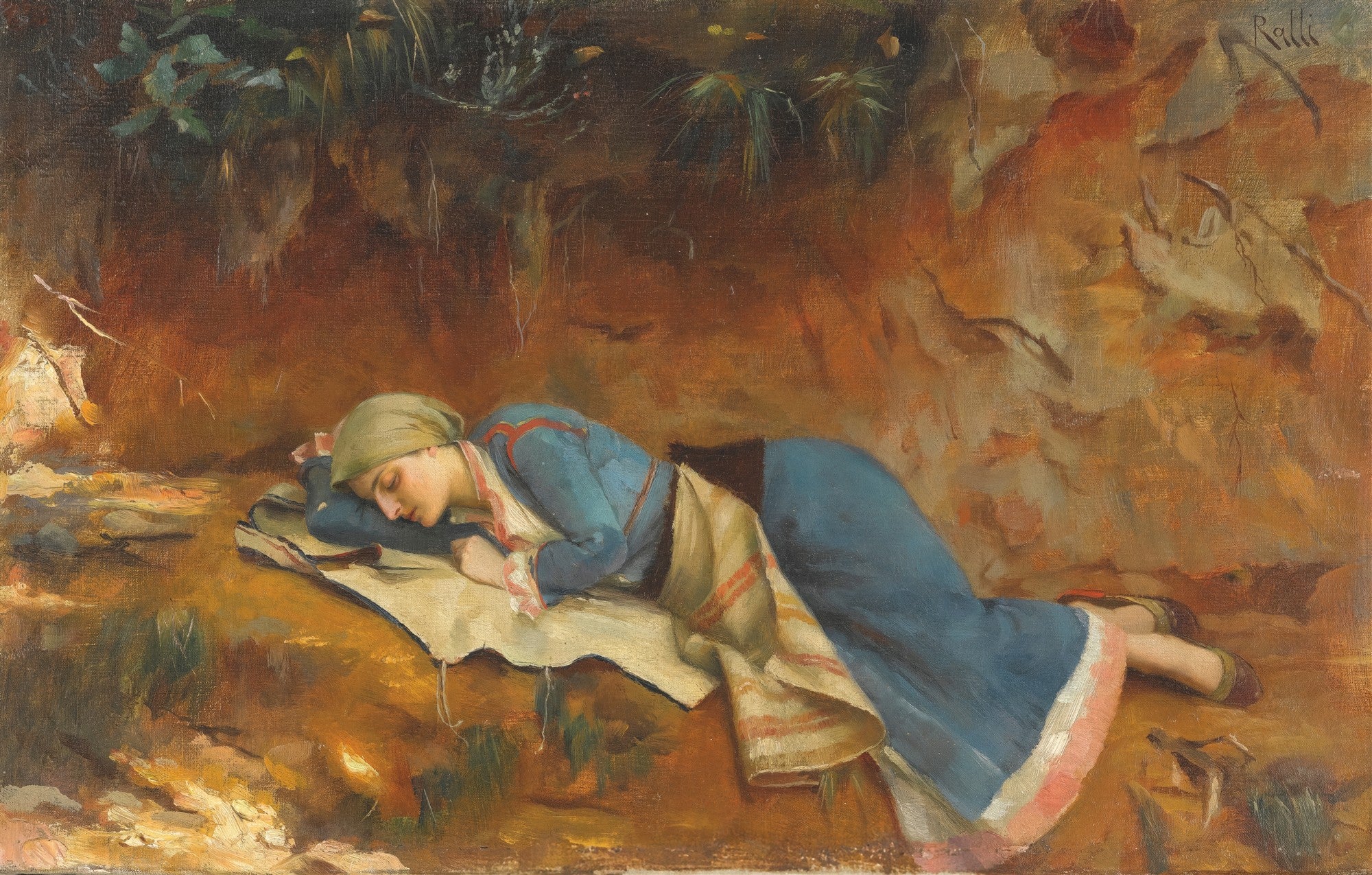 Pintura a óleo de Theodoros Rall, 'A Soneca', retratando uma mulher dormindo em trajes camponeses sobre um tecido claro no chão terroso.