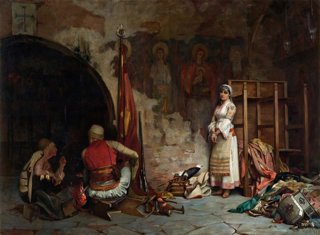 Quadro a óleo representando cena orientalista com figuras em trajes tradicionais, uma mulher em pé e dois homens sentados, em um ambiente com ícones religiosos nas paredes, de Theodoros Ralli.