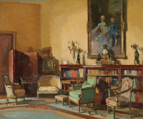 Quadro a óleo retratando um interior de sala com mobiliário clássico, estantes de livros, poltronas e um quadro maior na parede, em tons quentes e iluminação suave. Assinado por Theodoros Rall.