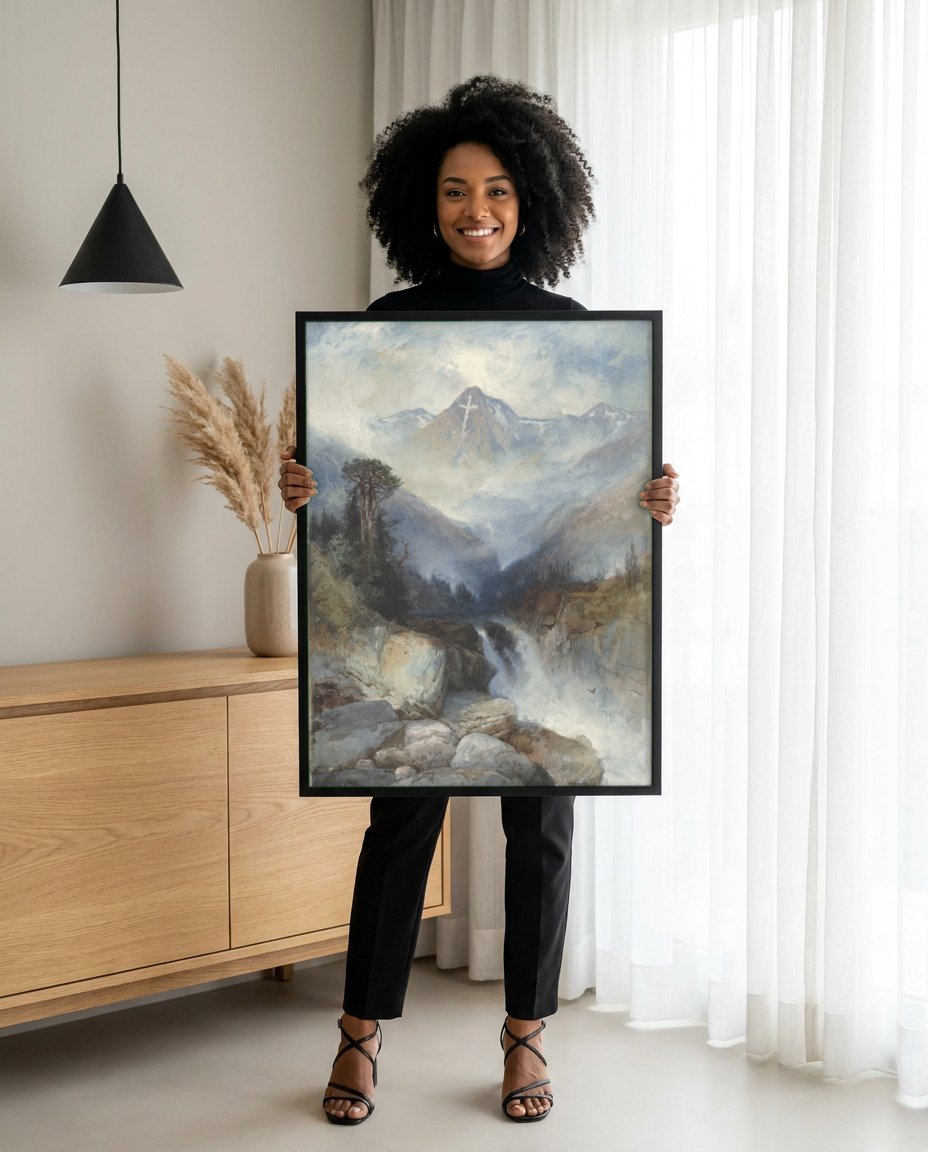 Quadro Decorativo Montanhas Rochosas - Thomas Moran com modelo em ambiente
