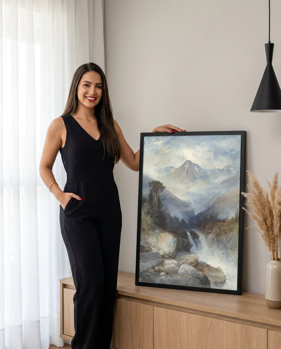 Quadro Decorativo Montanhas Rochosas - Thomas Moran com modelo em ambiente