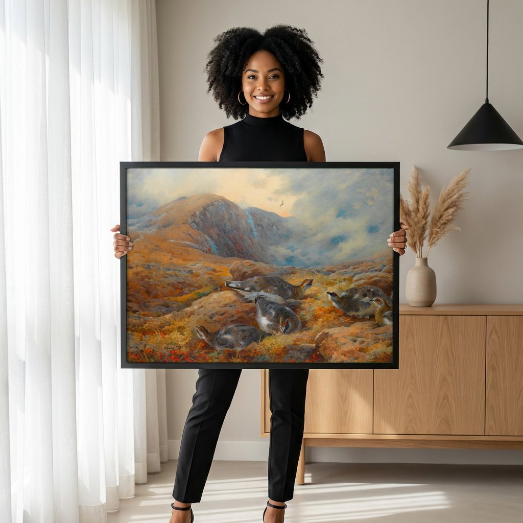 Quadro Decorativo Aves nas Montanhas - Thorburn com modelo em ambiente