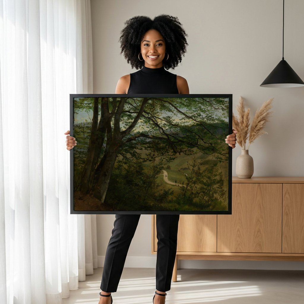 Quadro Decorativo A Floresta de Hans Thoma com modelo em ambiente