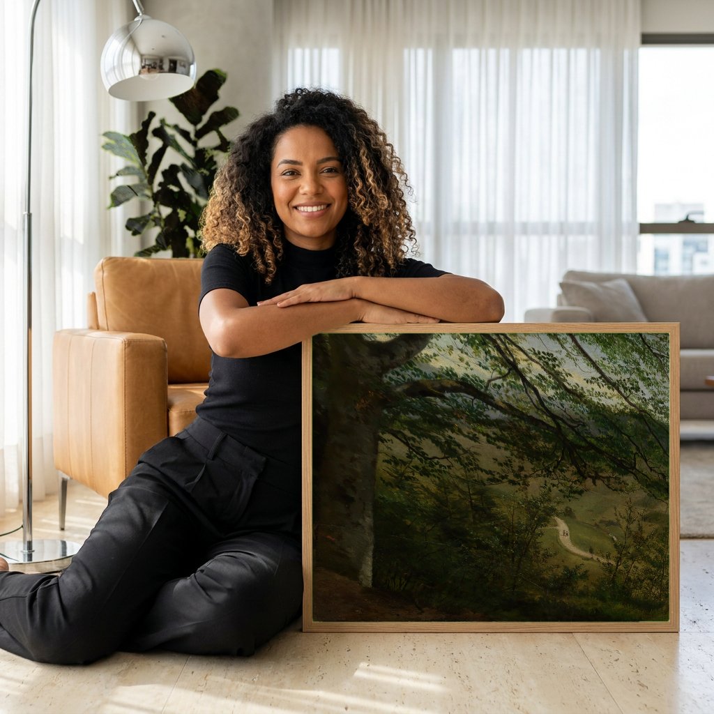 Quadro Decorativo A Floresta de Hans Thoma com modelo em ambiente