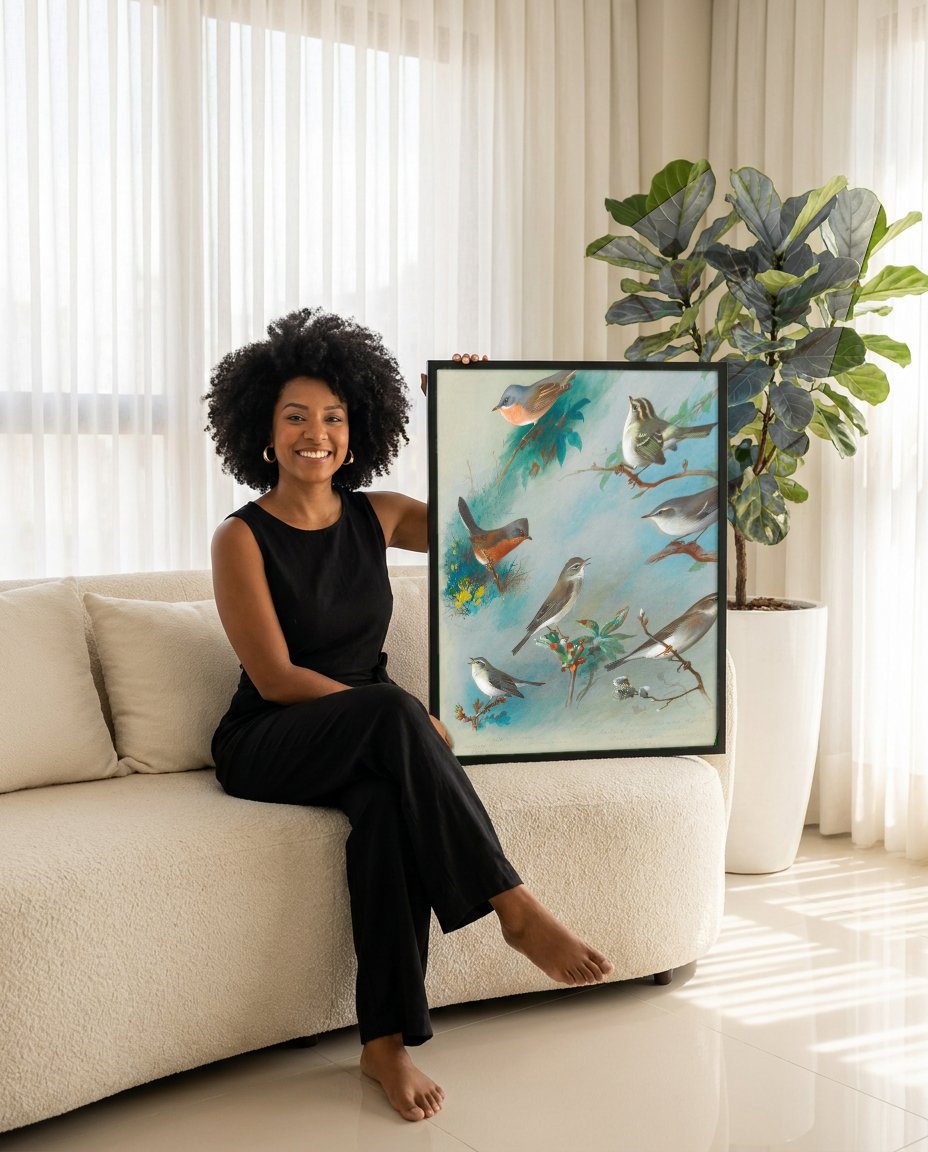 Quadro Decorativo Pássaros Cantantes - Thorburn com modelo em ambiente