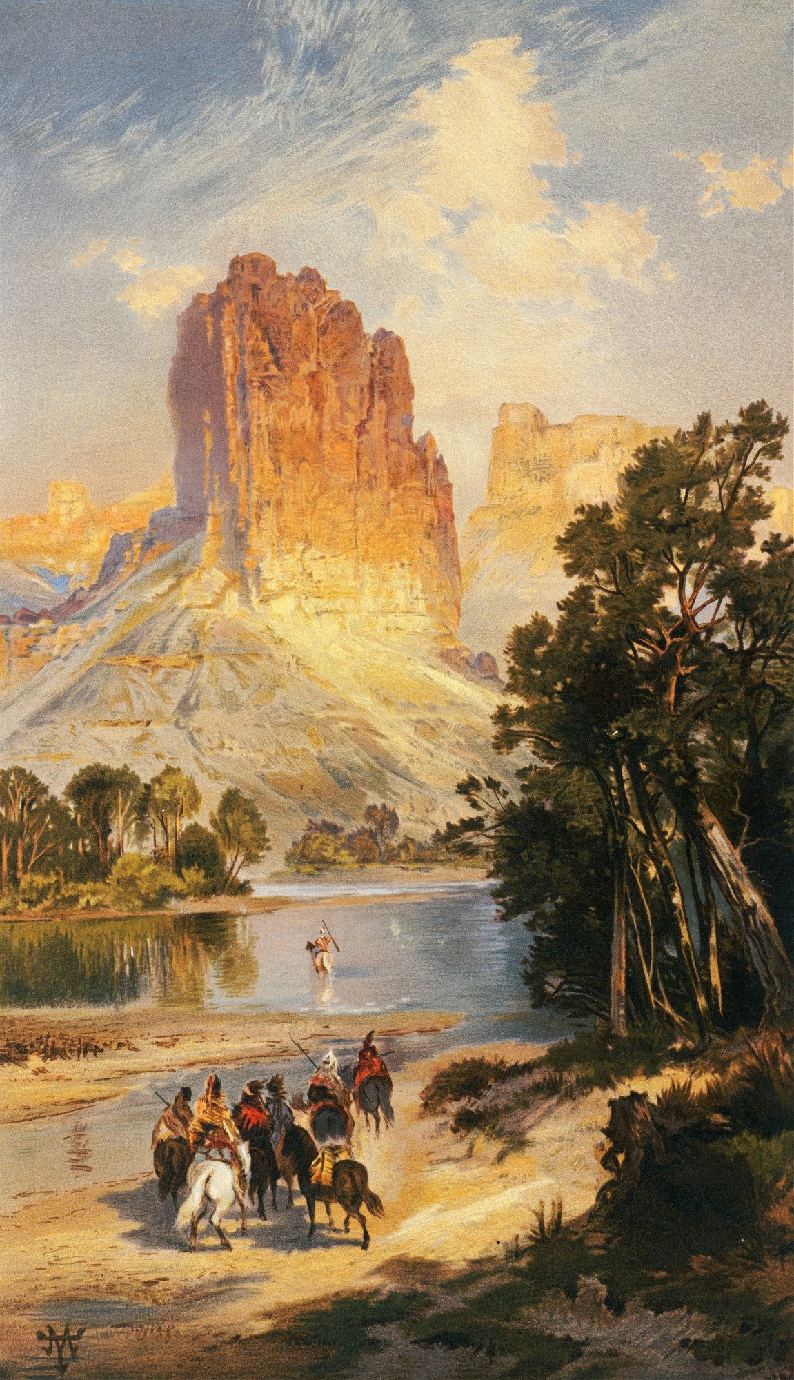Quadro decorativo 'A Chegada ao Rio' de Thomas Moran, representando um grupo de nativos americanos a cavalo atravessando um rio raso, com montanhas rochosas e árvores à margem sob um céu dramático.