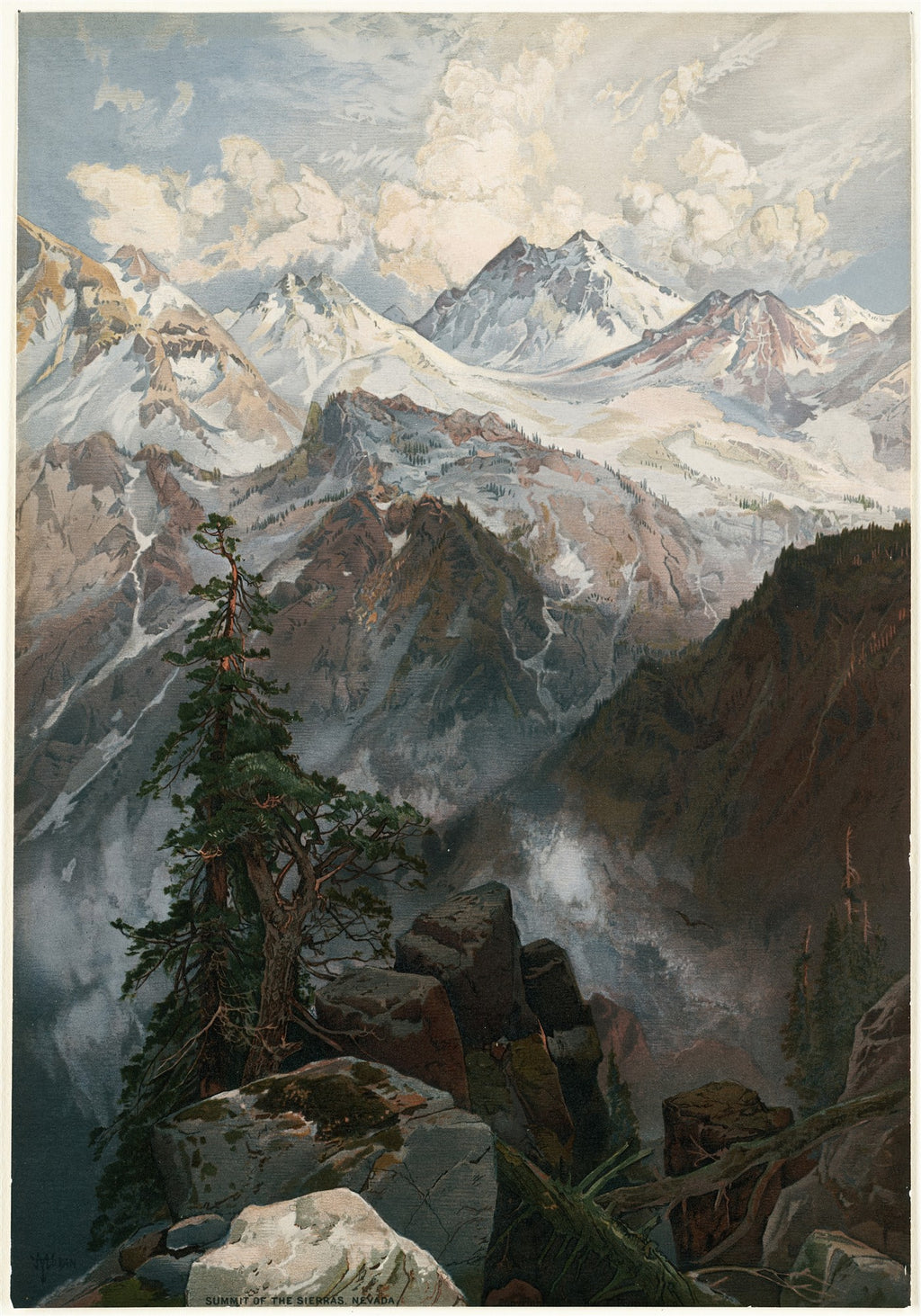 Quadro decorativo com paisagem montanhosa nevada de Thomas Moran, mostrando picos rochosos e vales profundos com árvores coníferas em primeiro plano, em tons de azul, marrom e branco.