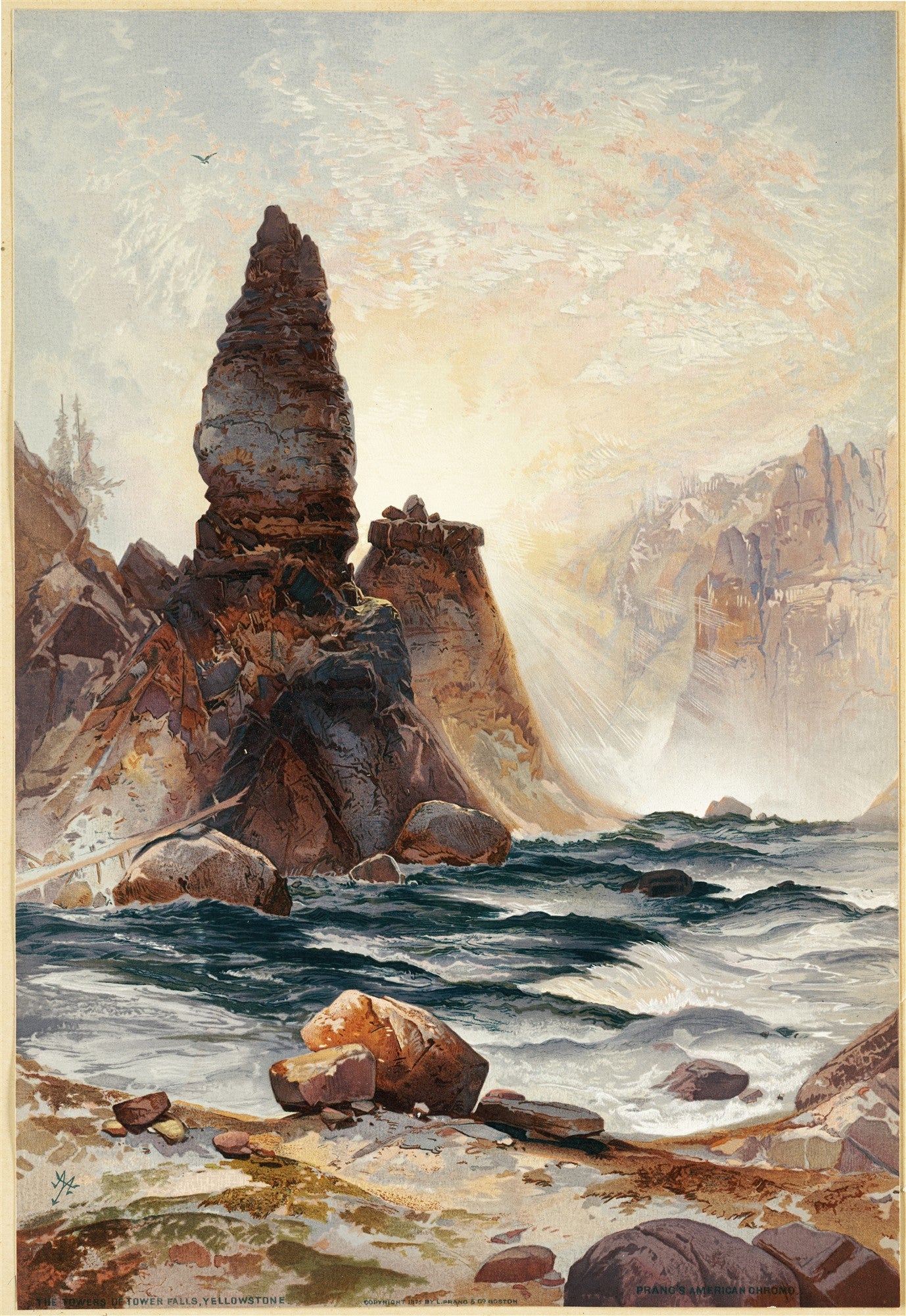 Quadro decorativo mostrando a obra Tower Falls, Yellowstone de Thomas Moran. A imagem retrata formações rochosas imponentes em um desfiladeiro, com um rio tumultuoso fluindo abaixo, sob um céu dramático com raios de sol que atravessam as nuvens. A cena é vibrante, com tons terrosos e azuis profundos, e uma sensação de grandiosidade natural.