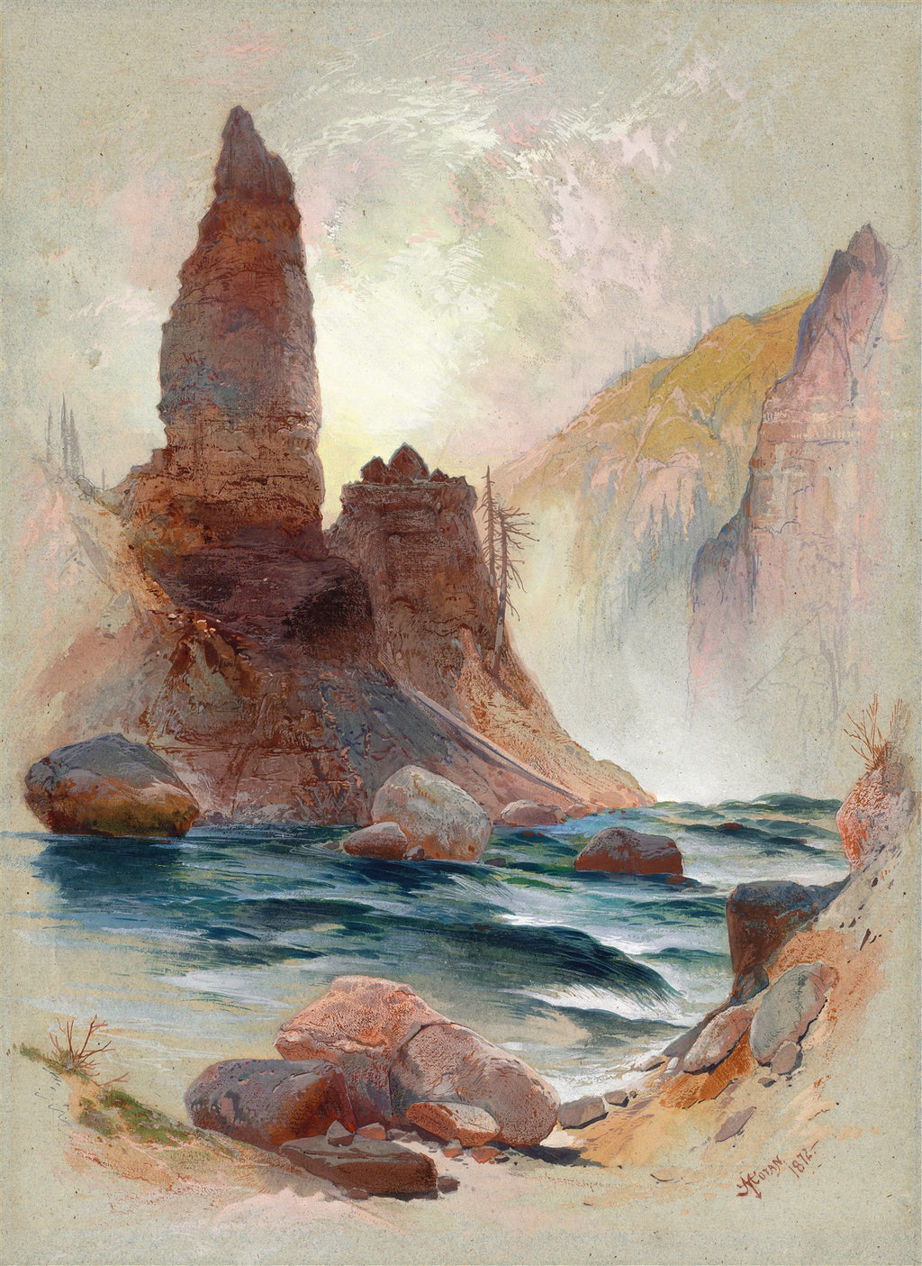 Uma aquarela de Thomas Moran de um cânion com rochas imponentes e um rio de águas turquesa e verde fluindo, sob um céu claro e iluminado.