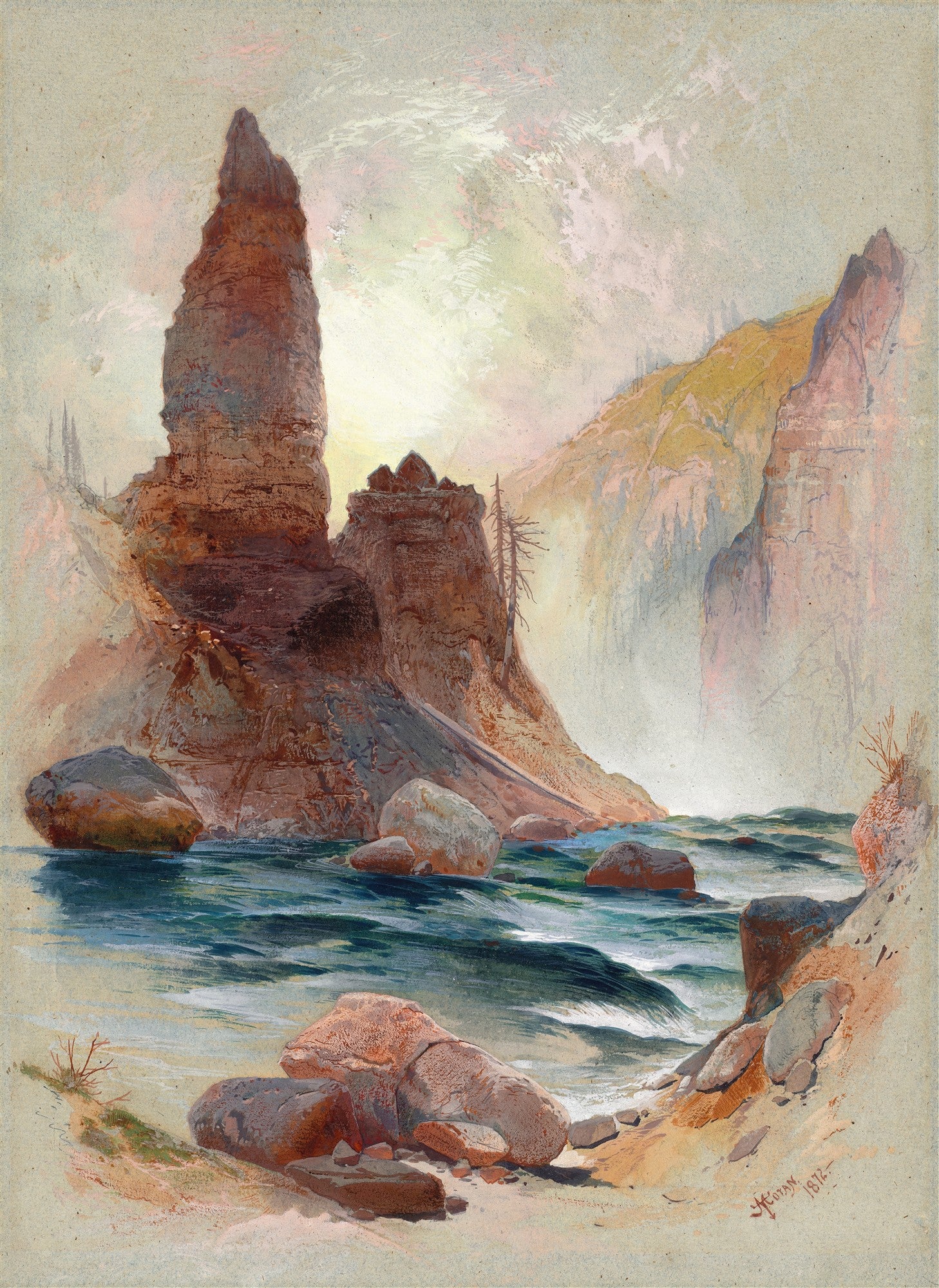 Uma aquarela de Thomas Moran de um cânion com rochas imponentes e um rio de águas turquesa e verde fluindo, sob um céu claro e iluminado.