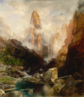 Pintura de Thomas Moran, 'Mist in the Canyon', retratando um cânion rochoso e grandioso, com neblina envolvendo os picos, um rio sinuoso no vale e a luz do sol penetrando as nuvens. Um pássaro solitário voa no céu.
