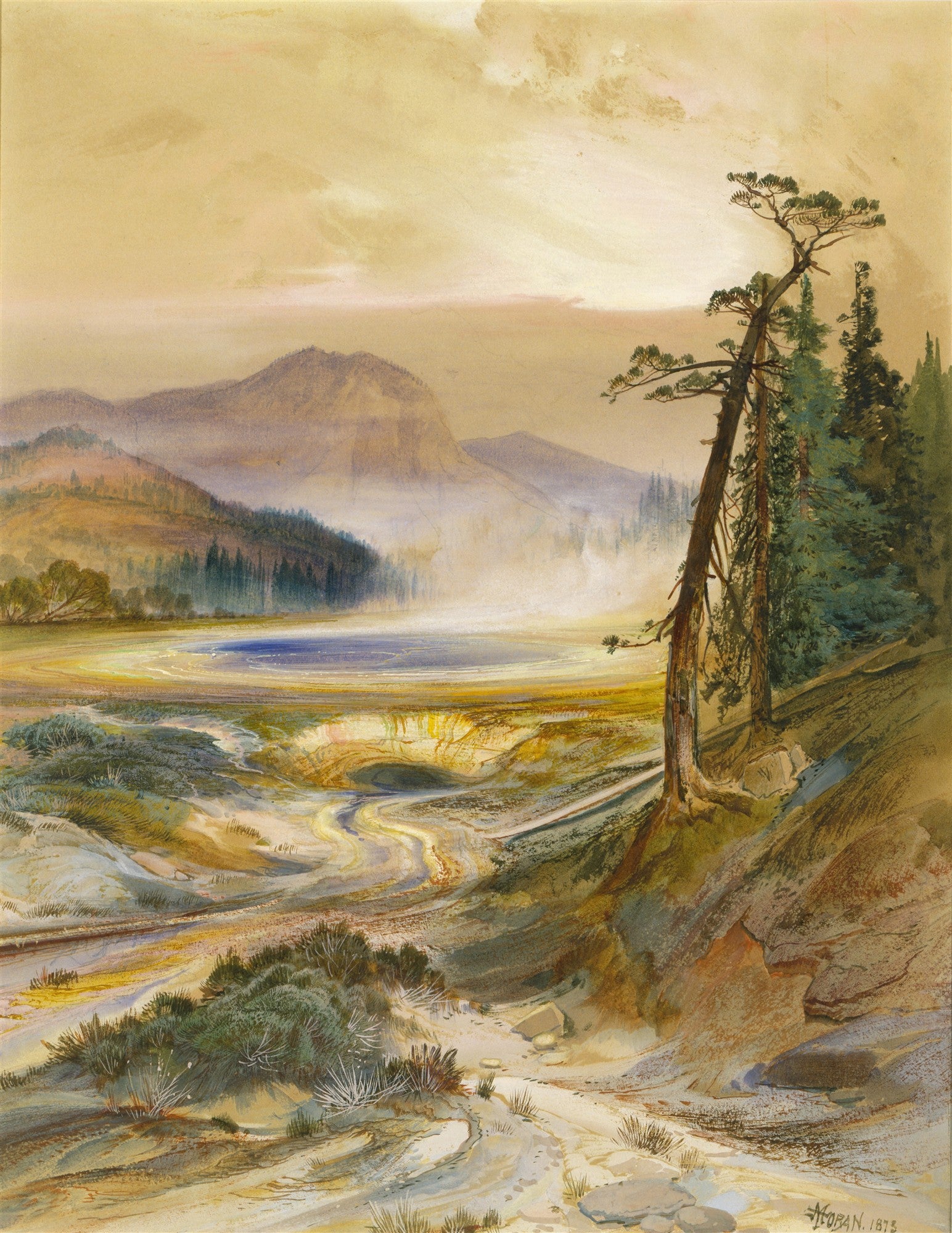 Quadro decorativo 'Grand Canyon of the Yellowstone' de Thomas Moran, mostrando um vale com montanhas distantes, um lago azul, árvores altas e um riacho sinuoso em tons de marrom e verde, sob um céu claro.