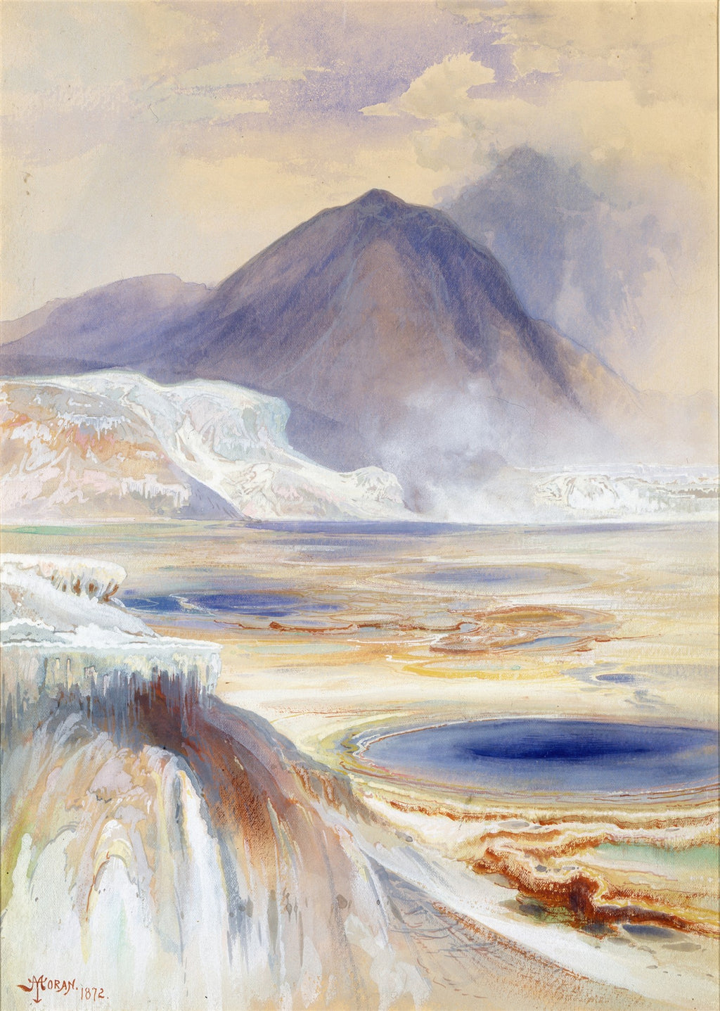 Quadro decorativo com paisagem de Thomas Moran, retratando formações geotérmicas e montanhas distantes sob um céu claro. A cena apresenta piscinas azuis e alaranjadas, gelo e neve nas margens, e montanhas em tons de roxo e cinza ao fundo.
