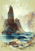 Quadro decorativo paisagem selvagem com torre de rocha imponente em rio caudaloso, atribuído a Thomas Moran, em tons de azul, marrom e ocre, com céu claro e montanhas ao fundo.