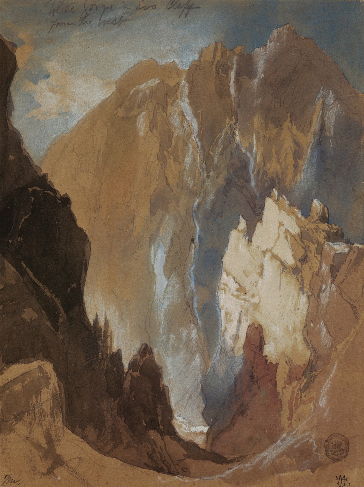 Quadro decorativo mostrando uma paisagem montanhosa e rochosa em tons terrosos e azuis, com a assinatura 'Thos Moran' e 'Kolob Gorge & Eva Cliff from the West' no canto superior esquerdo.