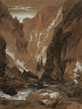 Quadro decorativo 'Mountain Gorge' de Thomas Moran, representando um desfiladeiro montanhoso com um rio que o atravessa, em tons terrosos e cinzentos. A luz do sol ilumina o topo das montanhas.