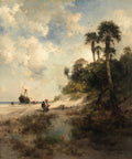 Quadro decorativo mostrando uma praia tropical com palmeiras altas à direita e um barco naufragado na areia à esquerda. O céu é preenchido por nuvens dramáticas e a paisagem exibe vegetação rasteira em primeiro plano. Obra do artista Thomas Moran.
