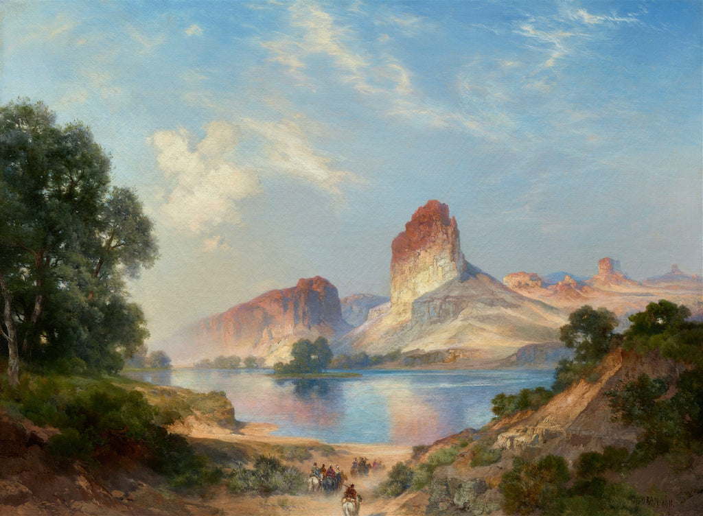 Pintura a óleo de Thomas Moran, paisagem vasta com rio, montanhas rochosas e céu azul. Cavalos e cavaleiros em primeiro plano. Cores terrosas e azuladas.