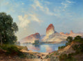 Pintura a óleo de Thomas Moran, paisagem vasta com rio, montanhas rochosas e céu azul. Cavalos e cavaleiros em primeiro plano. Cores terrosas e azuladas.