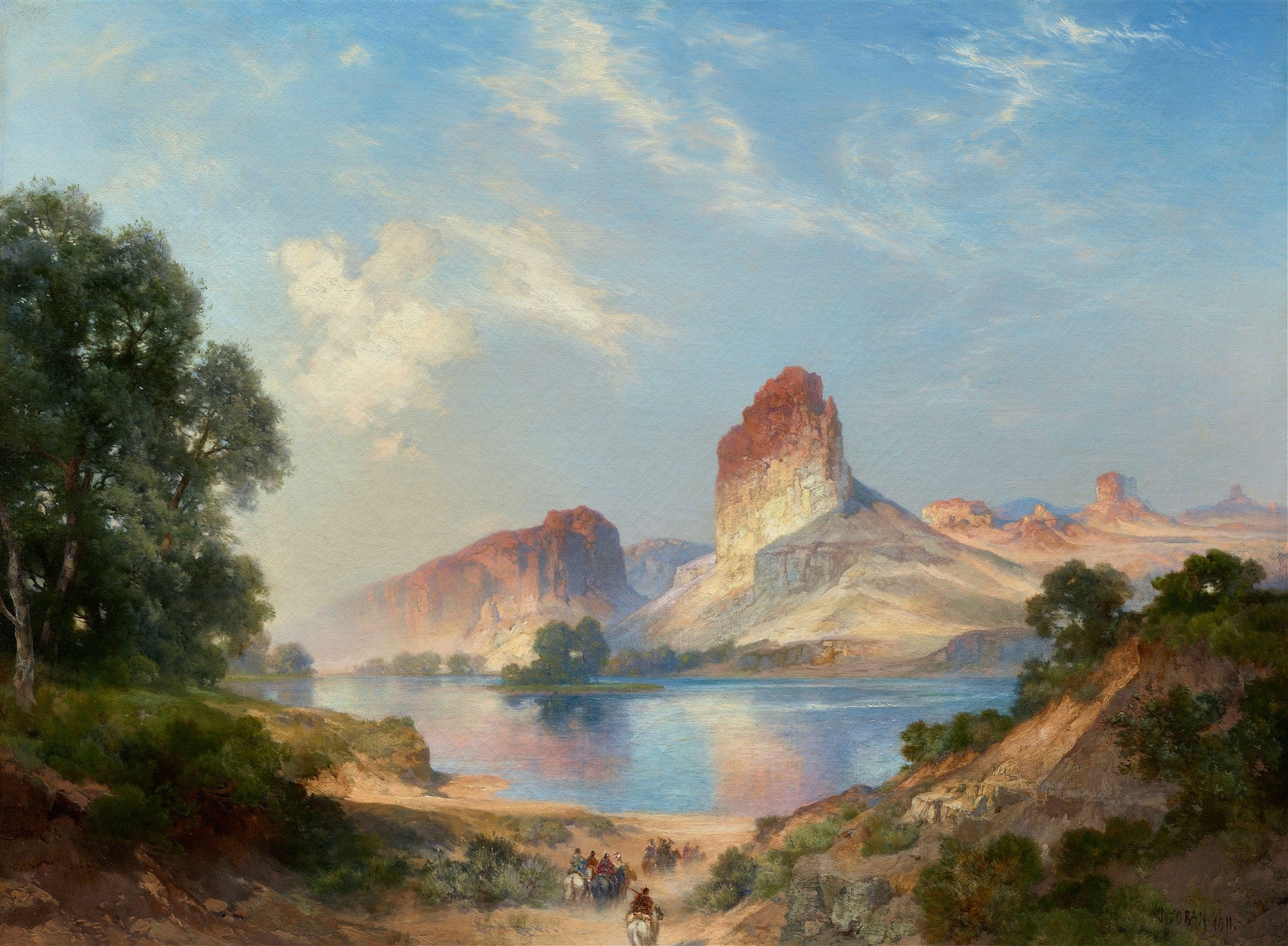 Pintura a óleo de Thomas Moran, paisagem vasta com rio, montanhas rochosas e céu azul. Cavalos e cavaleiros em primeiro plano. Cores terrosas e azuladas.