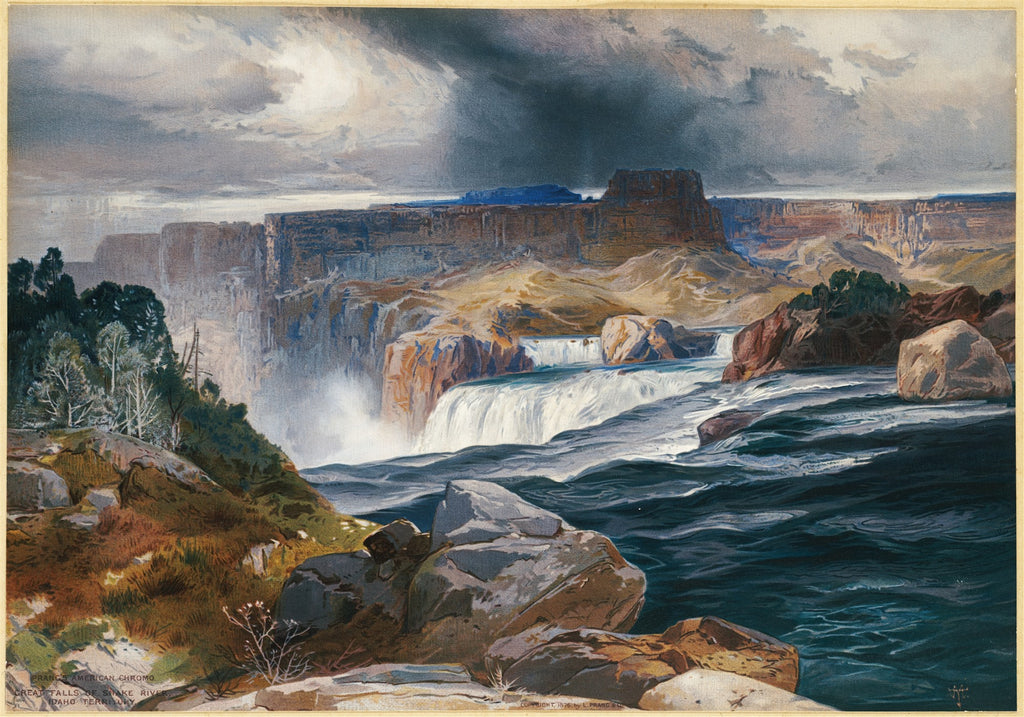 Quadro decorativo mostrando as Grandes Cataratas do Rio Snake, Idaho, pintadas por Thomas Moran. A imagem apresenta uma vasta paisagem com penhascos rochosos, água em cascata e um céu nublado e dramático, com tons terrosos e azuis profundos.