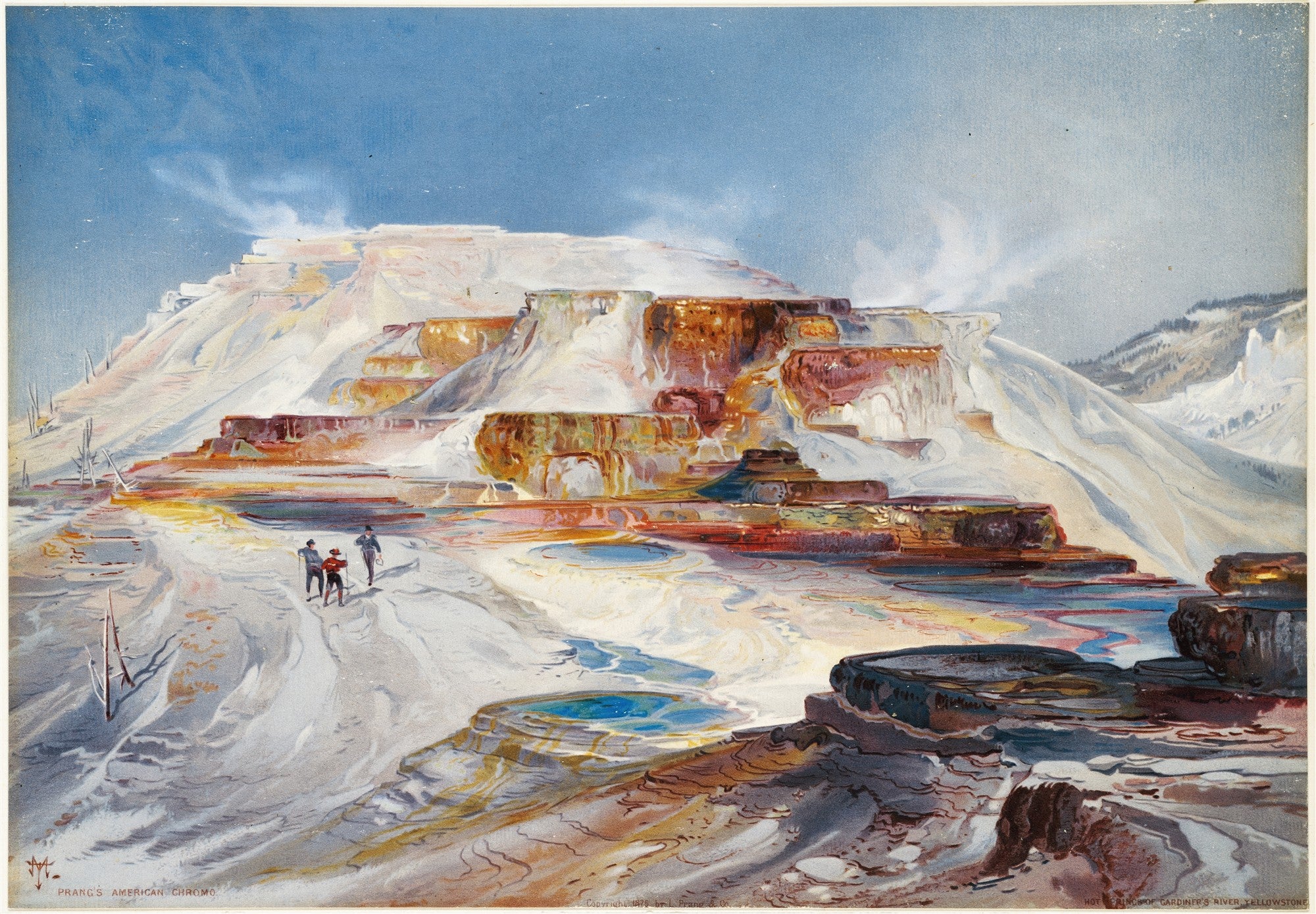 Quadro decorativo com paisagem de Thomas Moran, "Hot Springs of Gardiner's River, Yellowstone", mostrando terraços geotérmicos em tons de ocre e branco, com três figuras de exploradores no centro e céu azul.