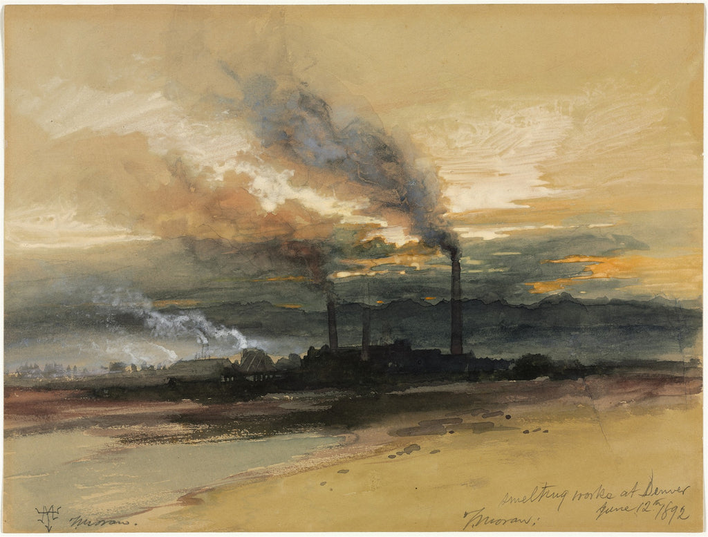 Pintura em aquarela de Thomas Moran, Smelting Works at Denver, mostrando uma paisagem industrial com chaminés soltando fumaça densa em um céu alaranjado e cinzento, com edifícios escuros ao fundo e um terreno árido em primeiro plano. A obra é datada de 12 de junho de 1892 e tem a assinatura do artista.