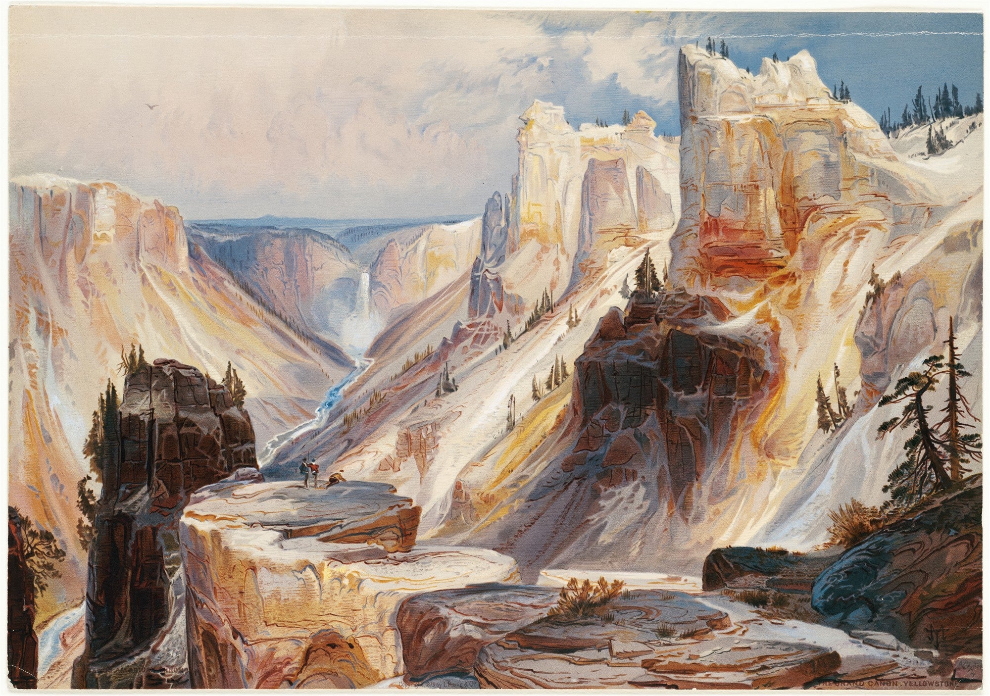 Quadro decorativo com paisagem grandiosa do Cânion de Yellowstone, retratado por Thomas Moran. Montanhas rochosas em tons de ocre, branco e cinza, com um rio serpenteando no vale e uma cachoeira ao fundo. Duas figuras pequenas observam a paisagem de um penhasco, sob um céu claro com nuvens esparsas.