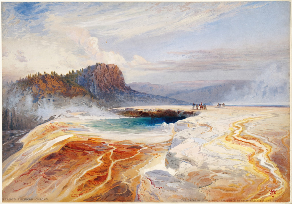 Quadro decorativo da obra A Grande Fonte Azul de Thomas Moran, mostrando uma paisagem termal de Yellowstone com formações minerais coloridas em tons de laranja, amarelo e branco, uma lagoa azul turquesa e vapor. Pessoas pequenas são vistas na borda da nascente, com uma montanha arborizada ao fundo.