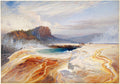 Quadro decorativo da obra A Grande Fonte Azul de Thomas Moran, mostrando uma paisagem termal de Yellowstone com formações minerais coloridas em tons de laranja, amarelo e branco, uma lagoa azul turquesa e vapor. Pessoas pequenas são vistas na borda da nascente, com uma montanha arborizada ao fundo.