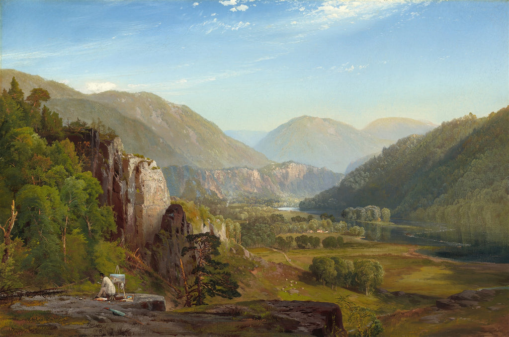 Pintura a óleo de Thomas Moran, 'Delaware Water Gap', retratando um vasto vale montanhoso com um rio sinuoso e um artista pintando em primeiro plano à esquerda.