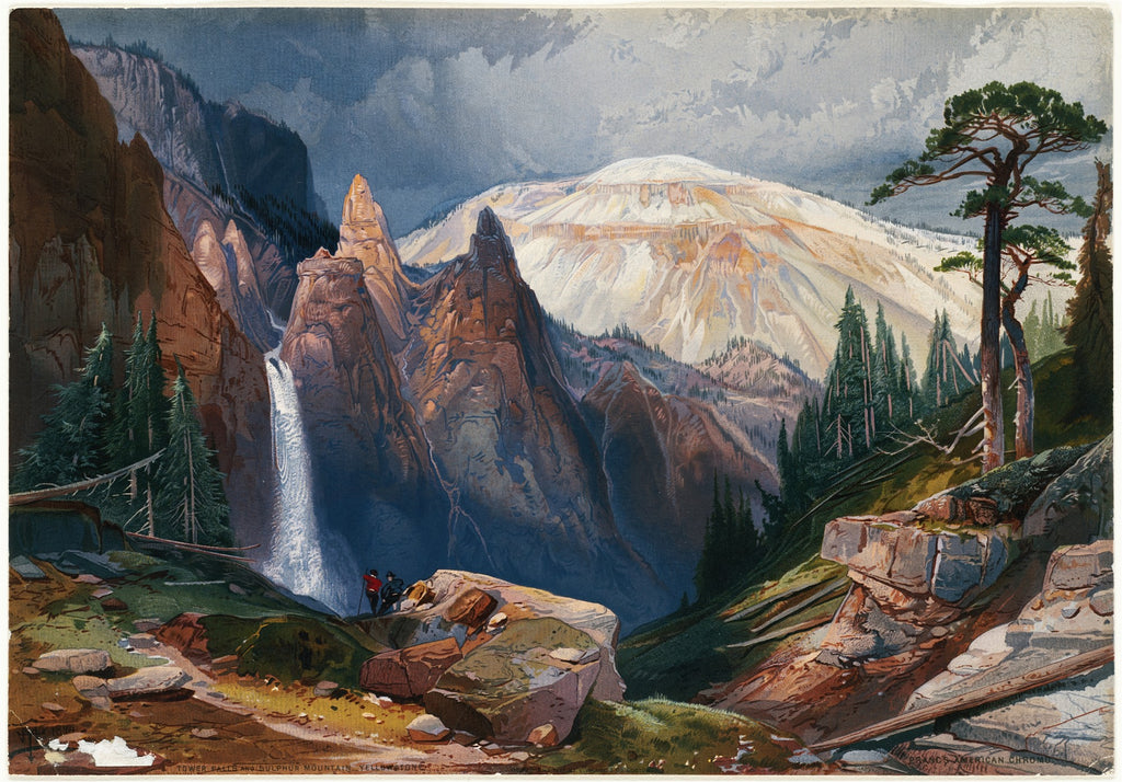 Quadro decorativo de paisagem montanhosa com cascata, rochas escarpadas e montanha ao fundo com neve, de Thomas Moran. Dois pequenos exploradores observam a queda d'água.