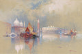 Quadro decorativo mostrando uma vista panorâmica de Veneza em aquarela, com barcos coloridos refletindo na água e edifícios históricos ao fundo, sob um céu claro e suave. Assinatura 'Moran 1888'.