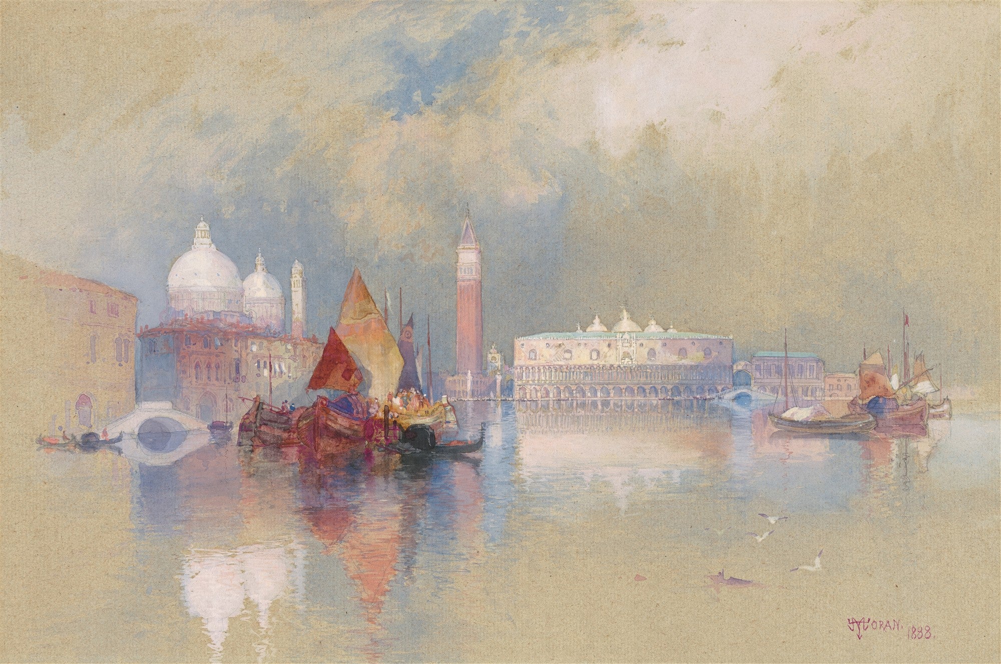 Quadro decorativo mostrando uma vista panorâmica de Veneza em aquarela, com barcos coloridos refletindo na água e edifícios históricos ao fundo, sob um céu claro e suave. Assinatura 'Moran 1888'.