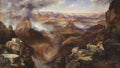 Pintura a óleo de Thomas Moran retratando o Grand Canyon, com picos rochosos imponentes e vales profundos encobertos por uma bruma mística, sob um céu dramático.