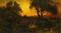 Quadro decorativo com paisagem crepuscular, árvores escuras em primeiro plano contra um céu dourado intenso, com duas figuras pequenas caminhando ao longe. Assinatura 'T. Moran' visível no canto inferior esquerdo.